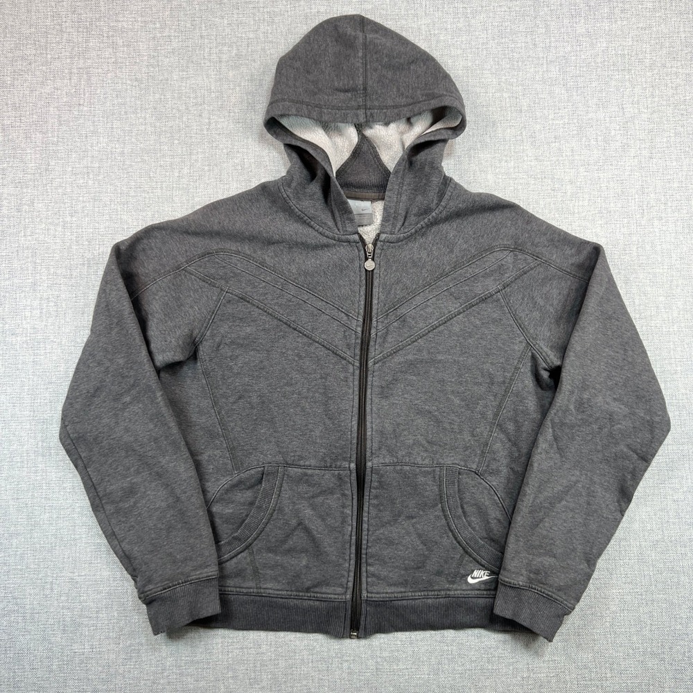 Nike Full Zip Hoodie Sweatshirt Youth XL 16-18 fits Womens Small Gray Silver Y2K
